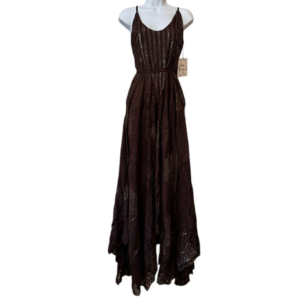 Free People Women XS Dress‎ Brown Gold Metallic Shimmer Peasant Cottagecore NWT
